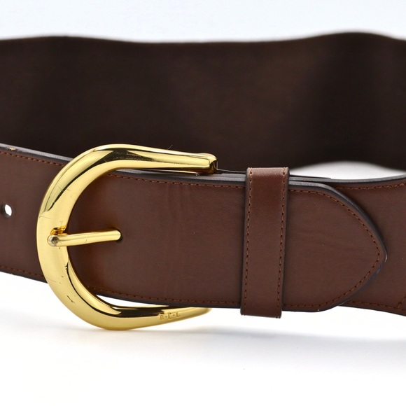 Ralph Lauren Wide Stretch Belt Brown Faux Leather Gold Tone Buckle L - Picture 3 of 10
